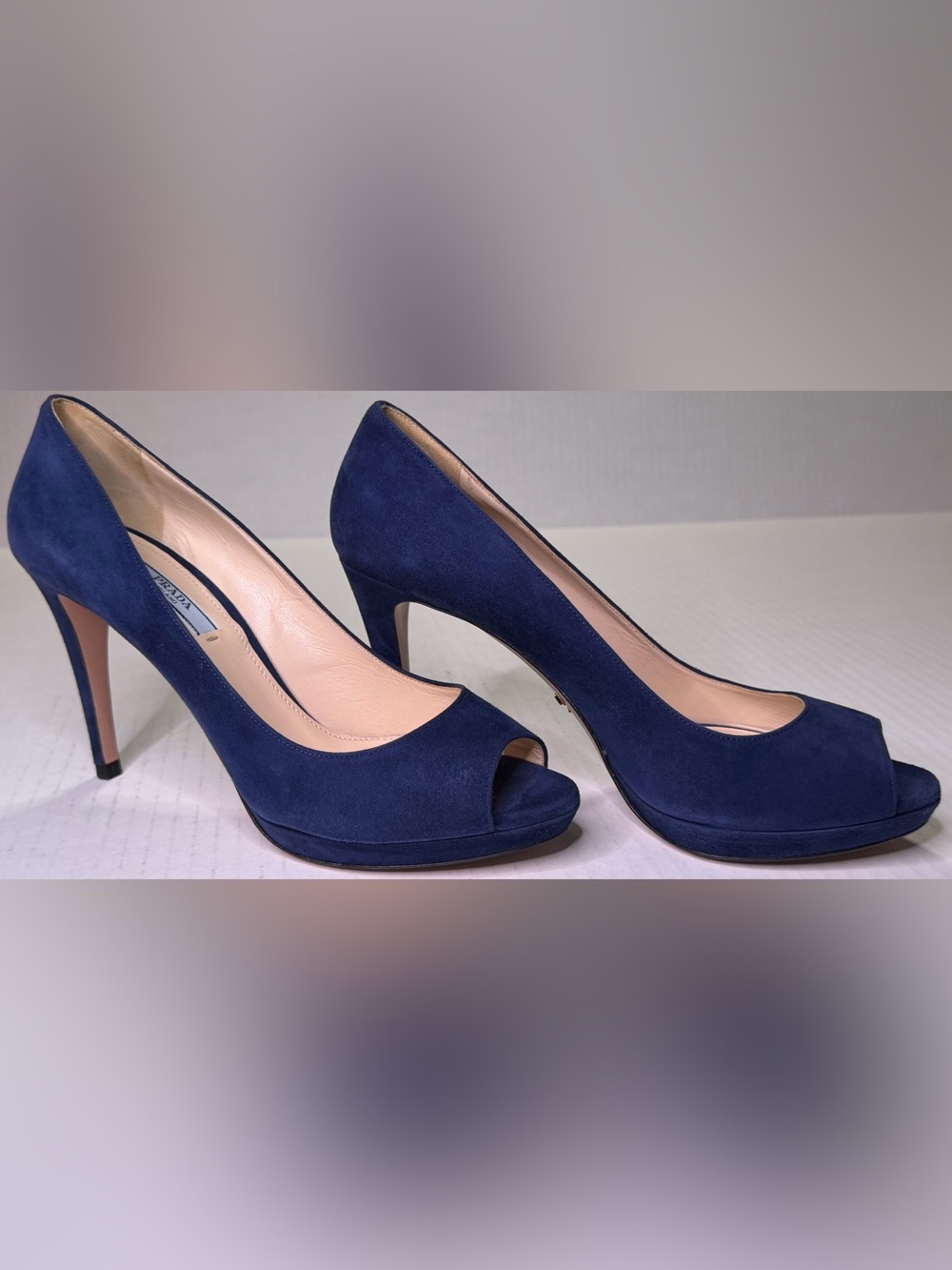 Prada Navy Blue Suede Peep Toe Pumps Platform Heels Size 38.5 Italy Sandal